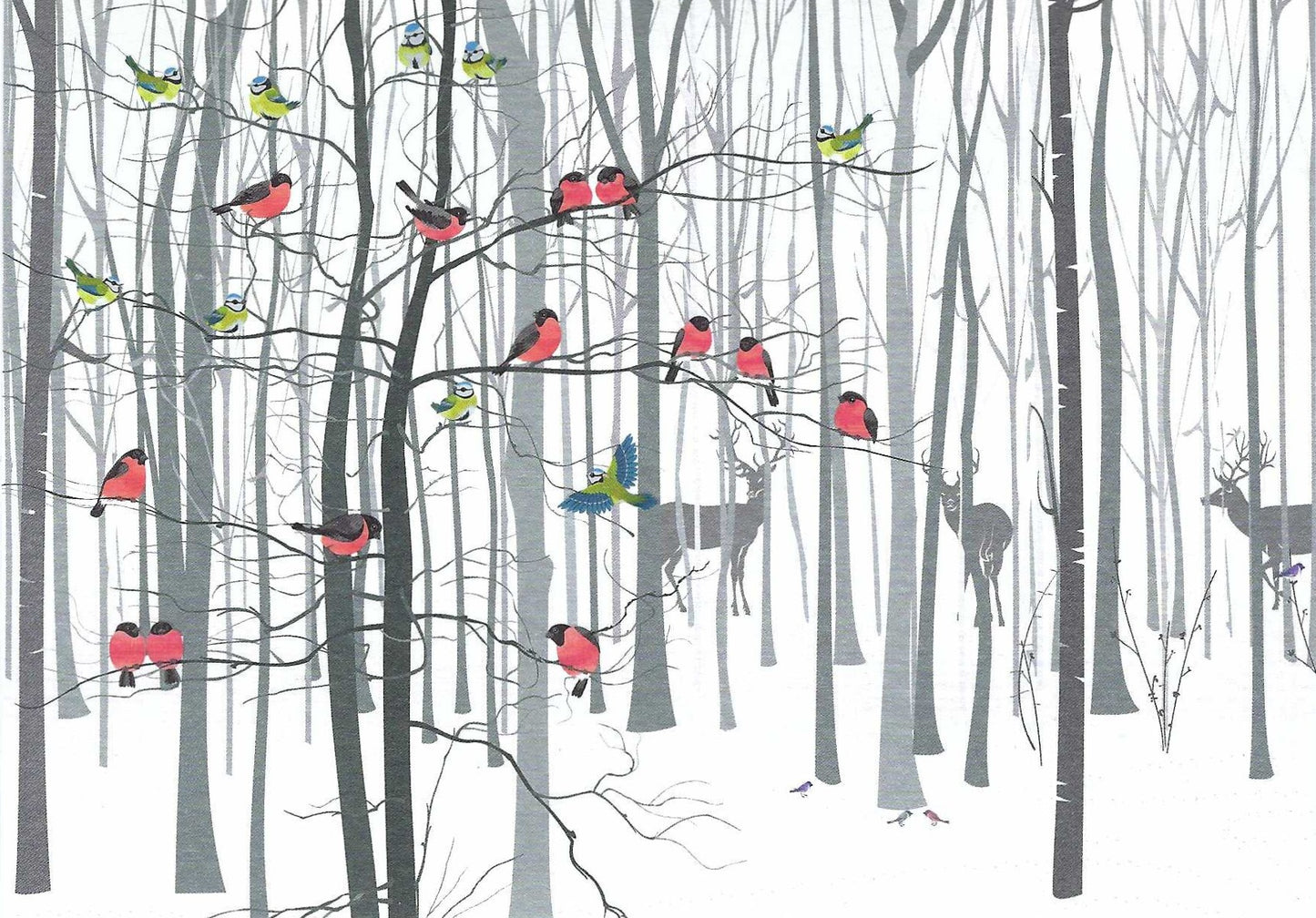 Birds in the Winter Forest Postcard featuring an illustration of birds on branches in a snowy forest with deer.