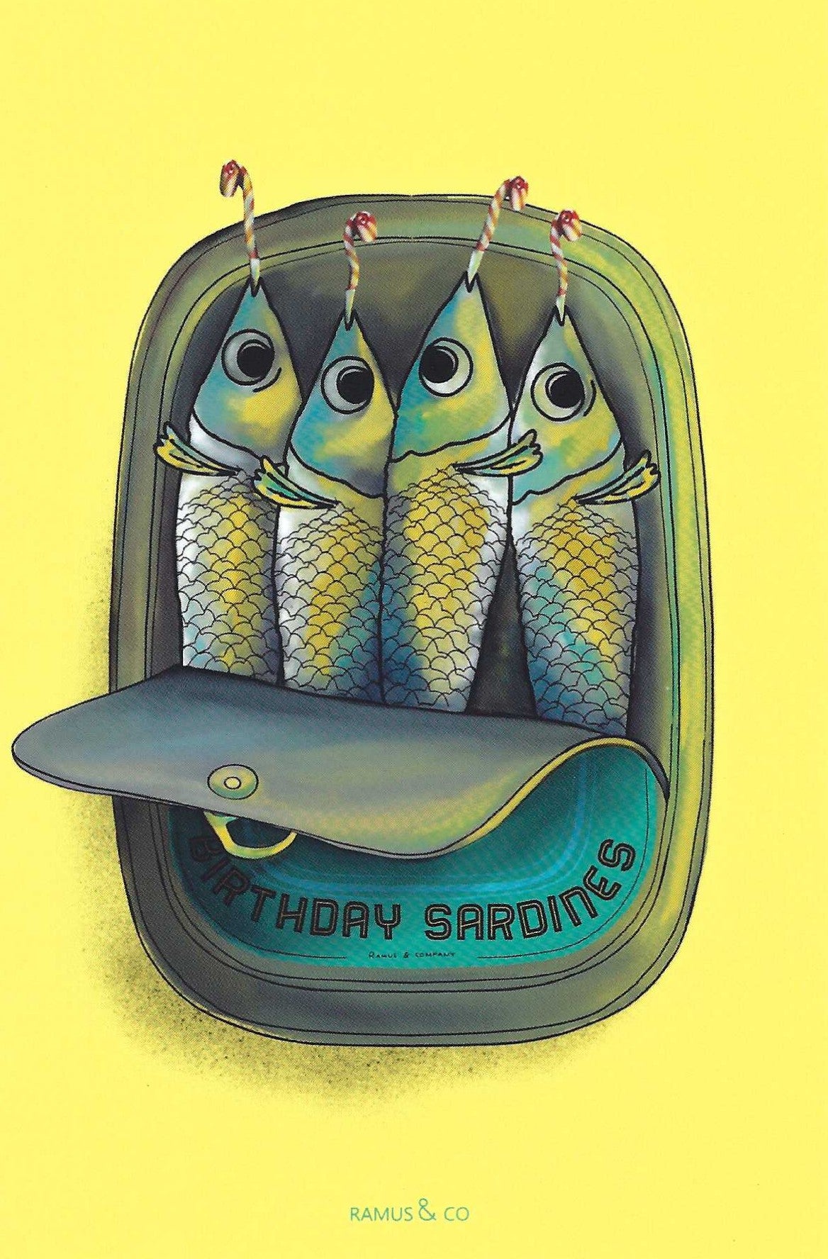 Birthday Sardines Postcard by Ramus & Company featuring sardines in a tin with a party blowers. The tin has the text 'BIRTHDAY SARDINES' on the front, and the entire scene is set against a bright yellow background.