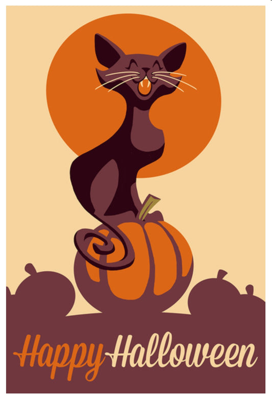 Black Cat Retro Halloween Postcard by Lantern Press featuring a black cat sitting on an orange pumpkin in front of a large orange sun, with the words 'Happy Halloween' at the bottom.