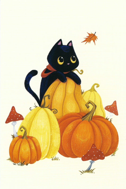 Fall Postcard featuring a cute black cat. pumpkins and mushrooms by Postcards.ee