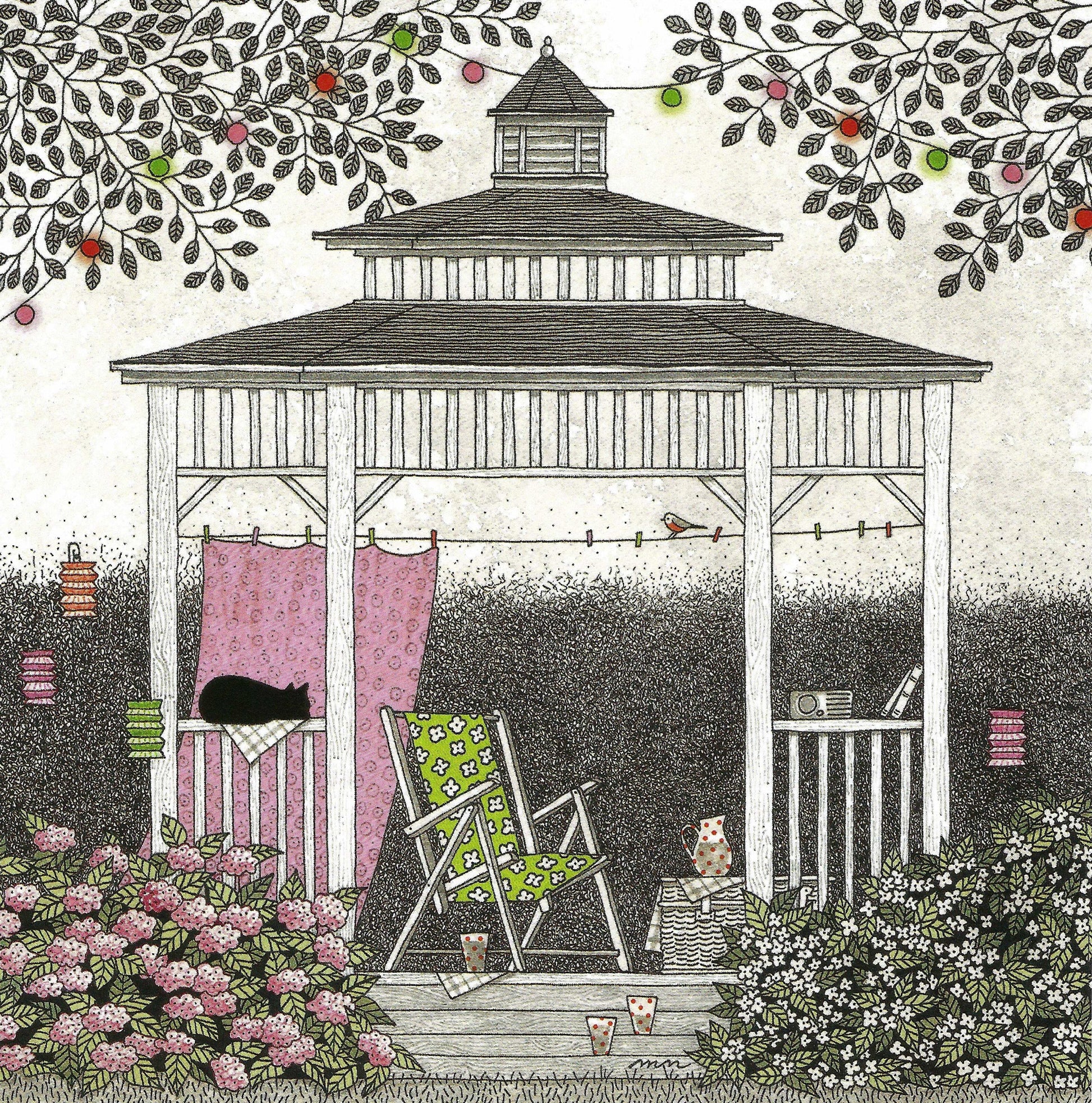 Black Cat in the Gazebo Postcard by Editions Titi Pinson