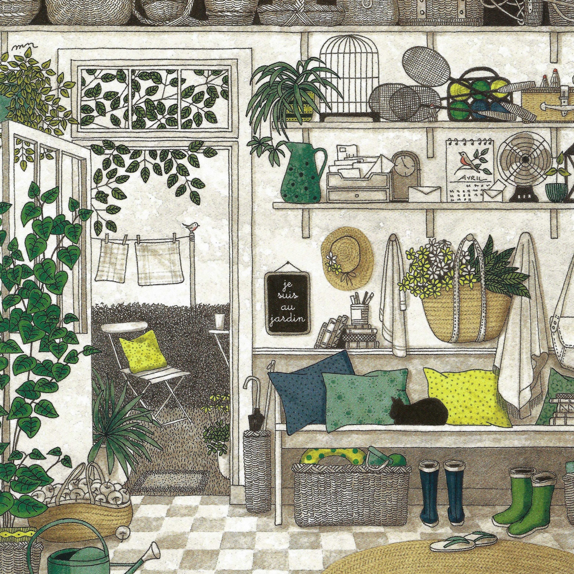 Black Cat in the Mud Room Postcard by Myriam Nion - Editions Titi Pinson featuring a black cat sleeping on a bench with plants, boots and other items around.