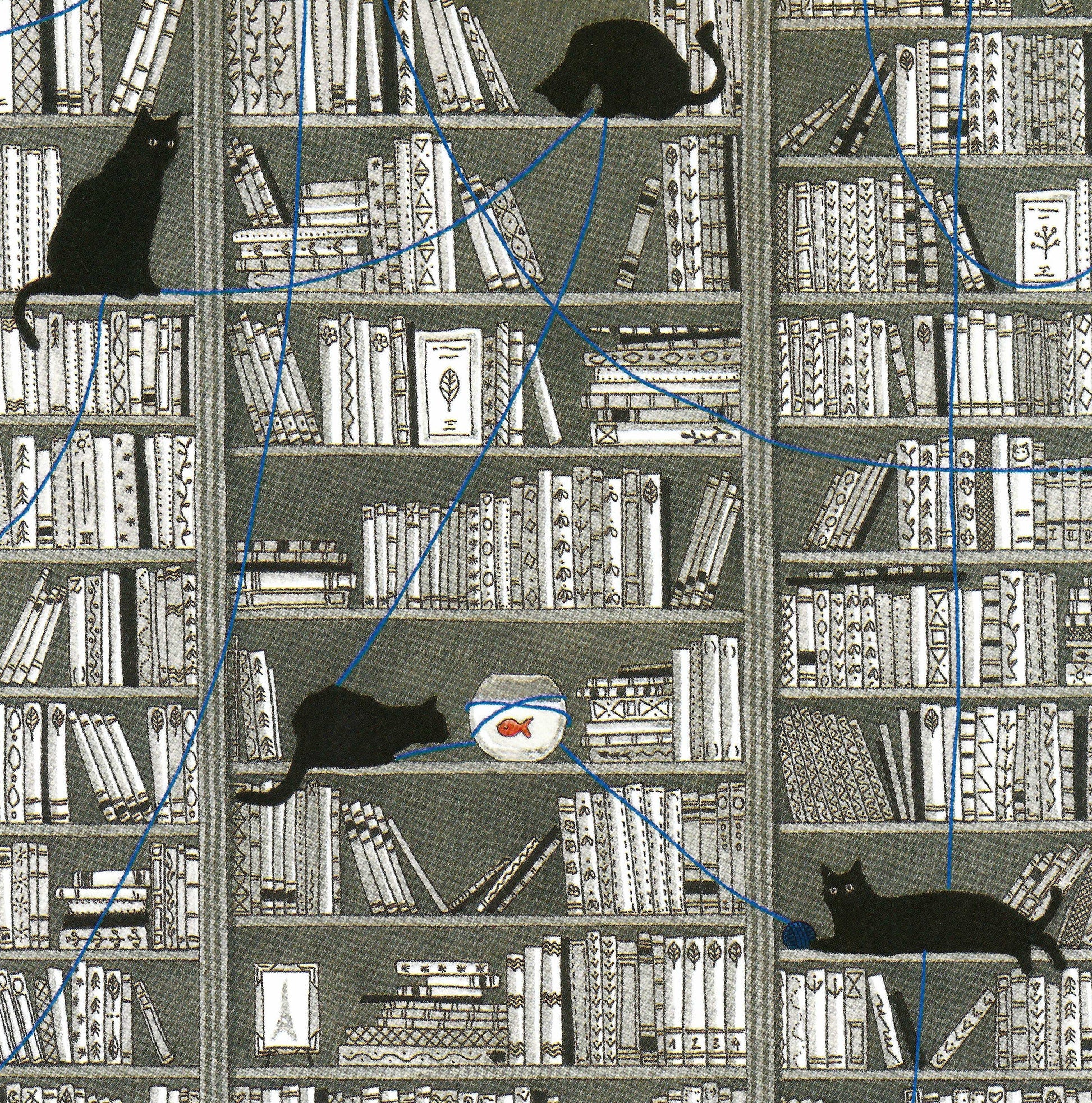 Black Cats in the Bookshelf Postcard by Editions Titi Pinson featuring black cats on a bookshelf with books and a fish bowl.