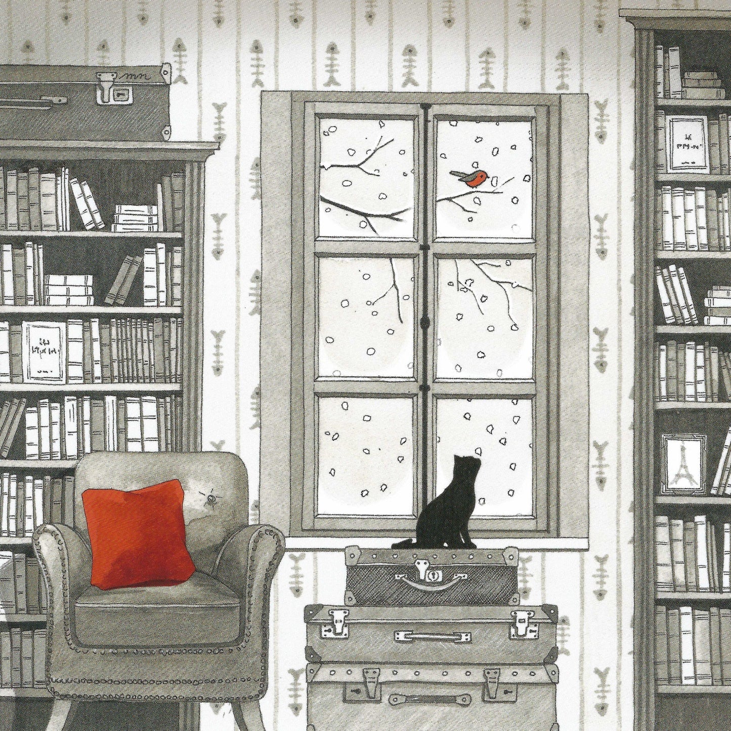 Black Cat's Winter Window Watch Postcard by Editions Titi Pinson with lacquer accents
