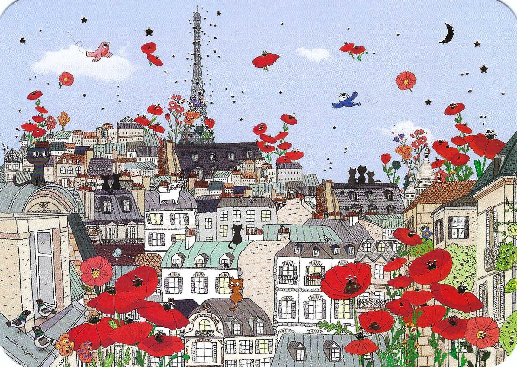 Black Cats and Paris Poppies Postcard by Cartes d'Art featuring an Illustration of a Paris cityscape with red poppies and black cats on rooftops with the Eiffel Tower in the distance