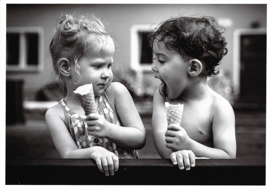 Black and White postcard of two children with ice cream cones - perfect for collectors, snail mail and Postcrossing.