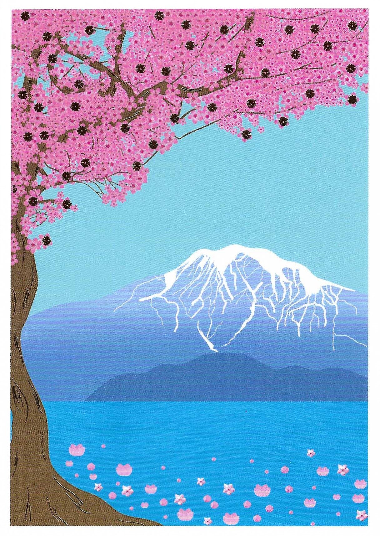 Editor - Art of Emotion Postcard with Cherry blossom tree with on a lake with snow capped mountain in the background.