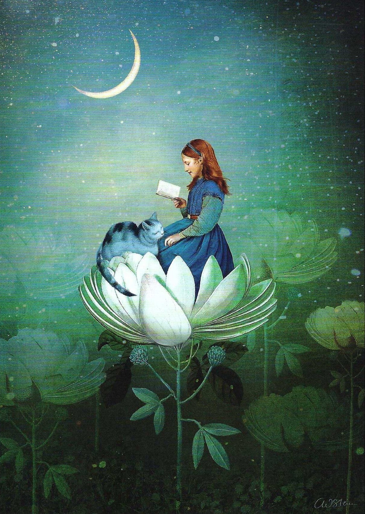 Blue Stories Postcard by Catrin Welz-Stein featuring a woman sitting on a flower reading a book with a blue cat, under a crescent moon and stars.