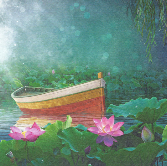 Quiet Moments Postcard by Edition Gollong featuring a boat in a peaceful green setting