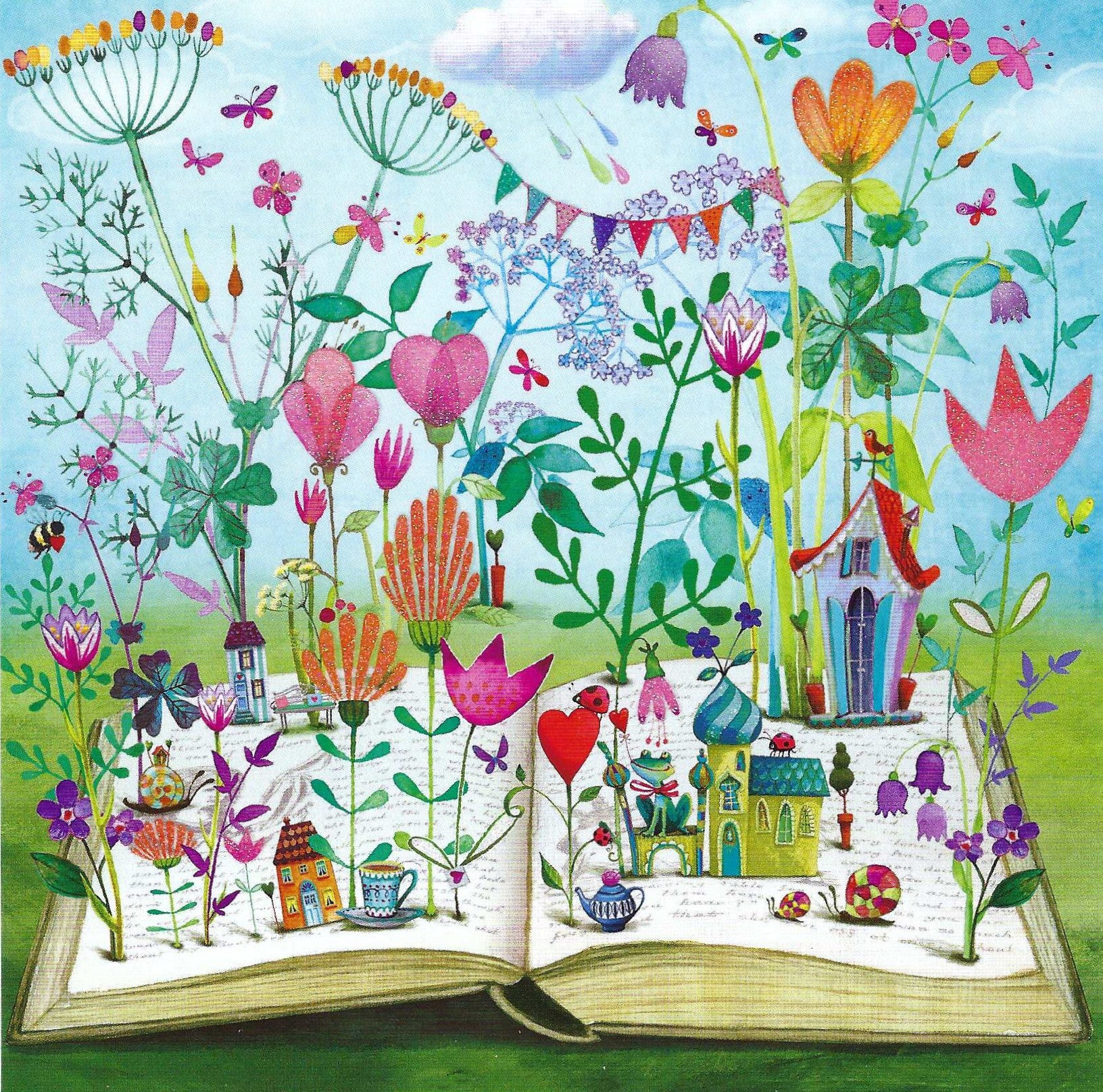 Book with Flowers Postcard by Mila Marquis - Edition Gollon featuring an open book with a magical garden scene featuring flowers, houses, and birds.