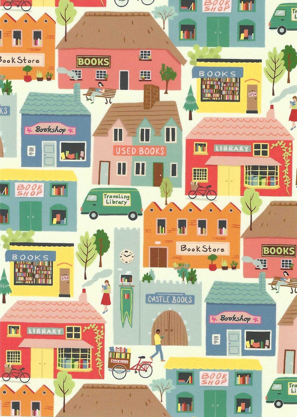 Bookstores Only Postcard by Das Brooklyn featuring an illustration of various bookstores and a library in a colorful pattern.