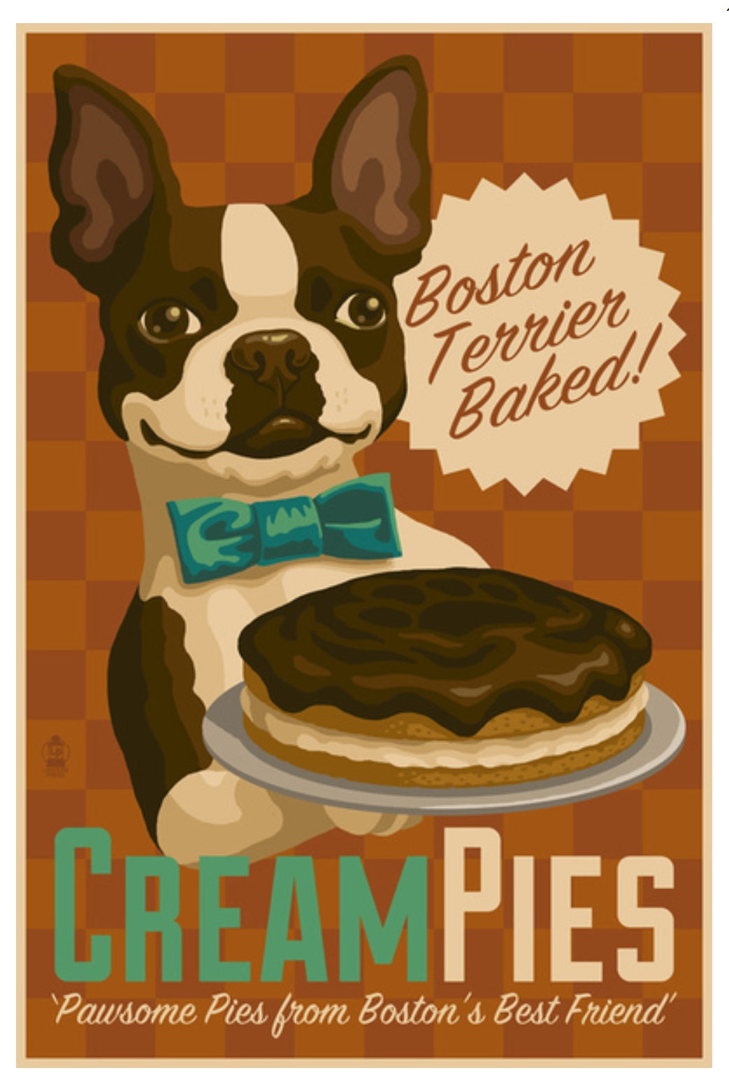 Lantern Press Postcard featuring a Vintage-style poster with a Boston Terrier holding a cream pie on a checkered background.