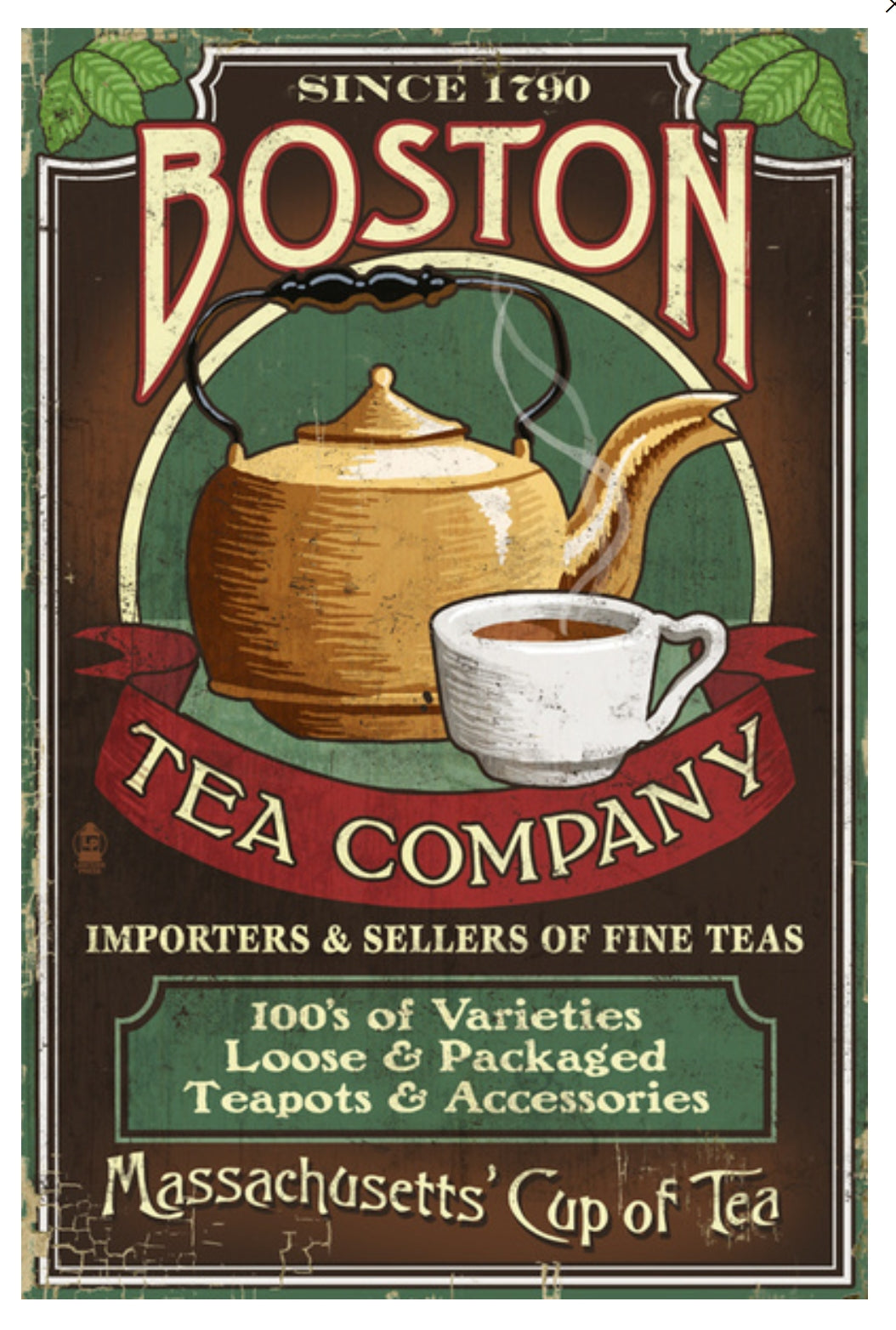 Lantern Press Postcard featuring a Vintage-style advertisement for the Boston Tea Company featuring a teapot and cup.