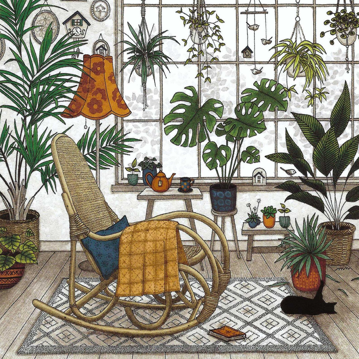 Botanical Hideaway Postcard by Editions Titi Pinson featuring a cozy indoor setting with a rocking chair and a black cat among many plants.
