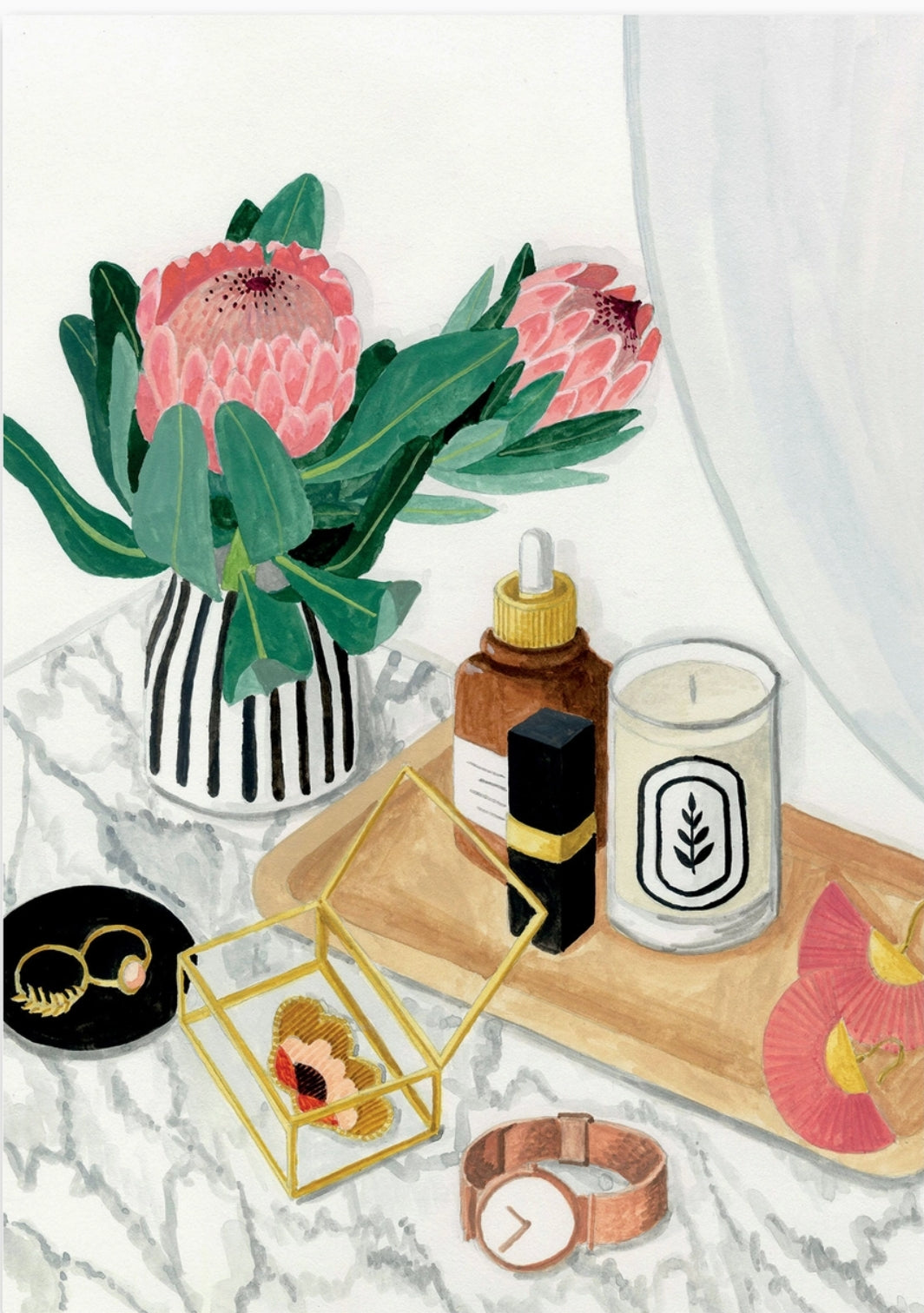 Boudoir Postcard by Mélanie Voituriez featuring a decorative scene with flowers, candles, and jewelry on a marble surface.