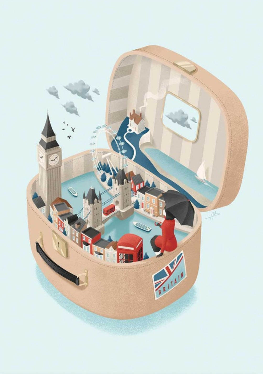 Britain Travel Postcard by Andrea de Santis featuring an open suitcase with miniature London cityscape including Big Ben and a boat on a light blue background