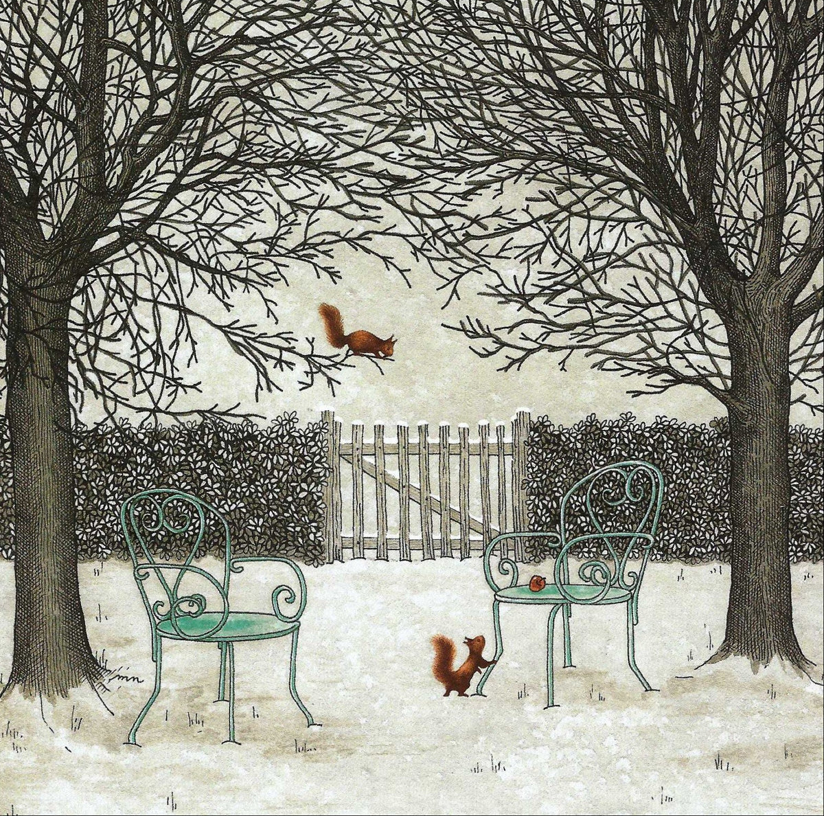 Brown Squirrels Postcard by Editions Titi Pinson featuring an illustration of two chairs in a snowy garden with squirrels and a wooden fence.