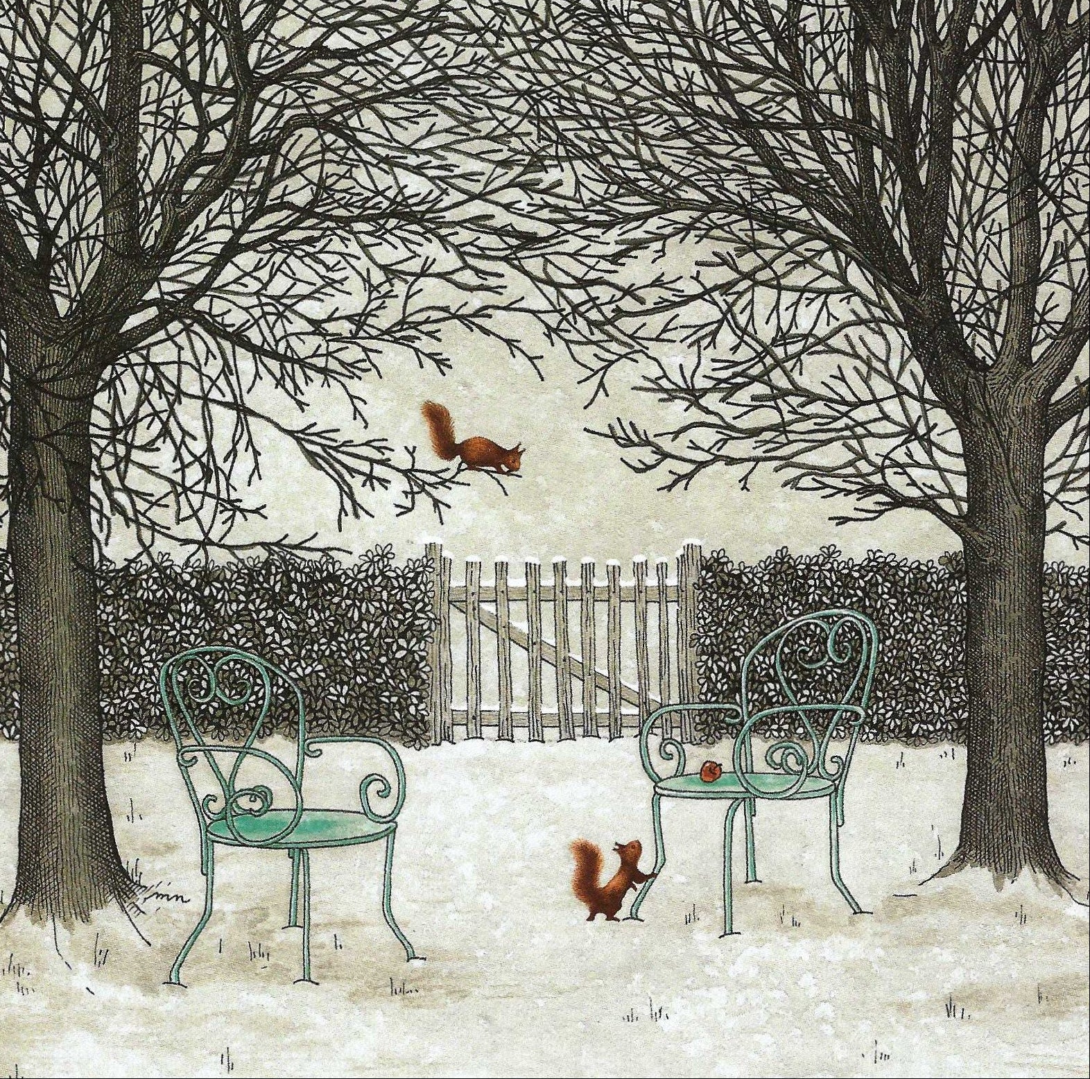 Brown Squirrels Postcard by Editions Titi Pinson featuring an illustration of two chairs in a snowy garden with squirrels and a wooden fence.