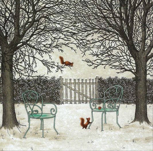 Brown Squirrels Postcard by Editions Titi Pinson featuring an illustration of two chairs in a snowy garden with squirrels and a wooden fence.