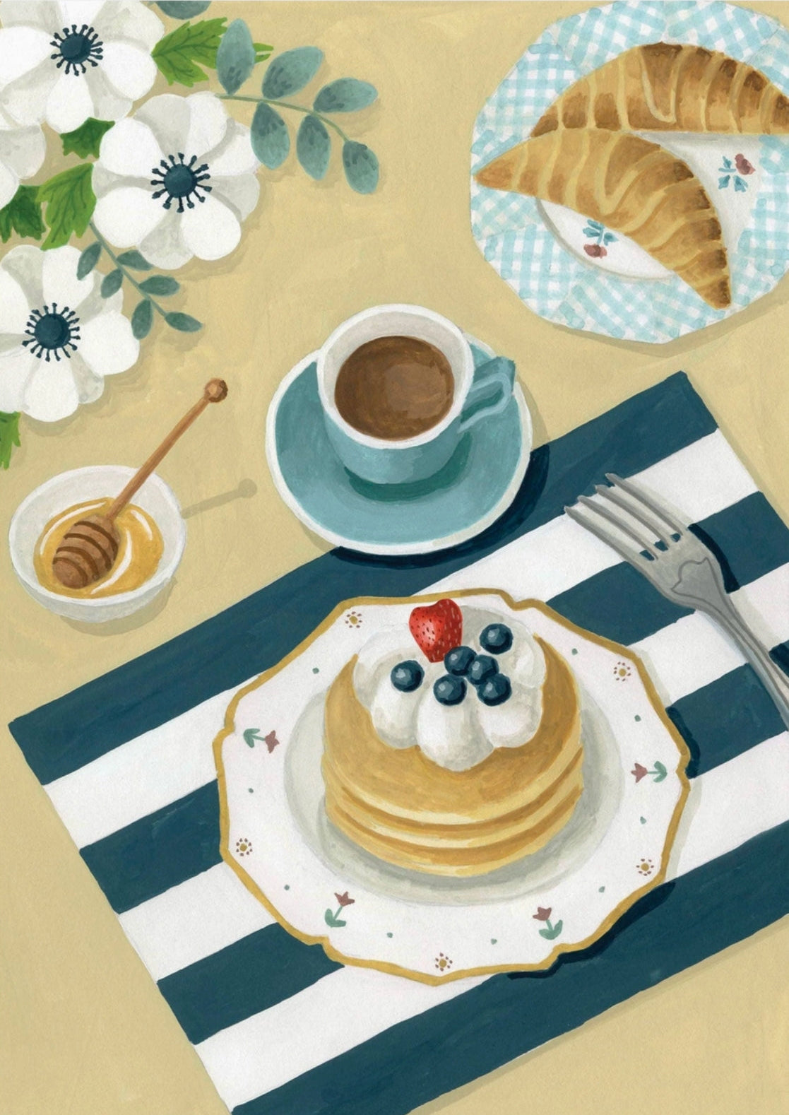 Brunch Postcard by Mélanie Voituriez featuring a breakfast scene with pancakes, croissants, coffee, and flowers on a striped placemat.
