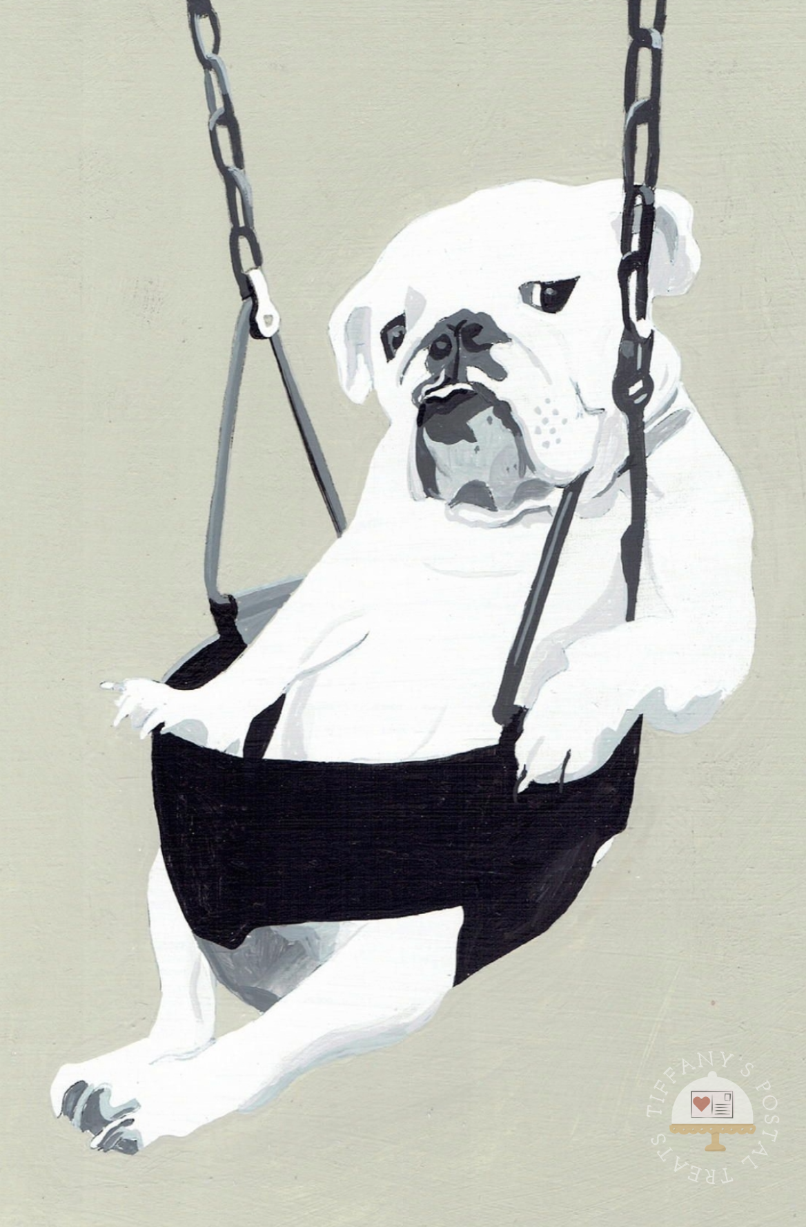 Bulldog on a Swing Postcard by Inkognito featuring a white bulldog sitting in a black swing against a pale beige background.