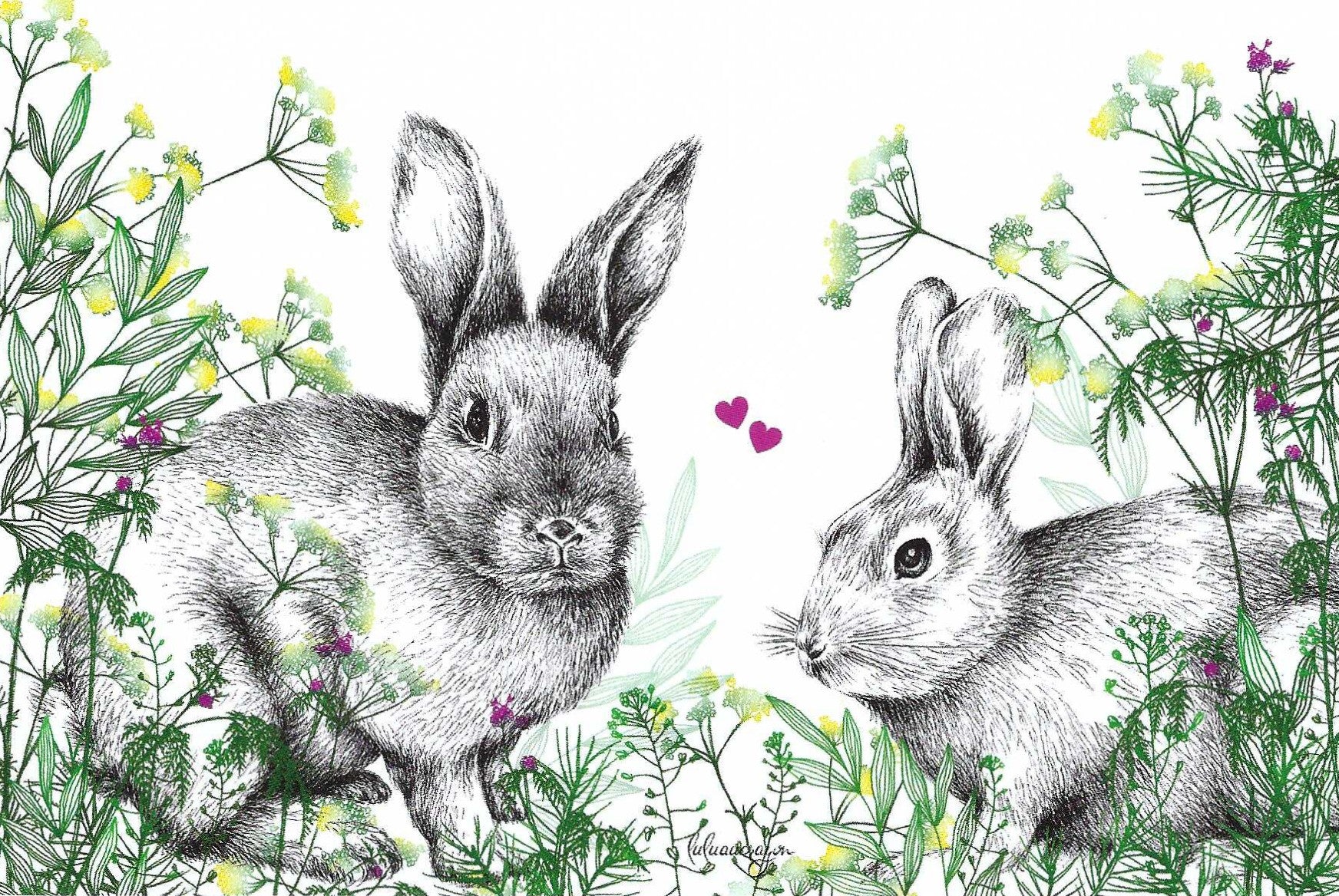 Bunnies in the Garden Postcard by Luluaucrayon - Editions Titi Pinson featuring two rabbits among flowers and leaves on a white background