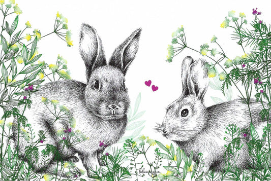 Bunnies in the Garden Postcard by Luluaucrayon - Editions Titi Pinson featuring two rabbits among flowers and leaves on a white background