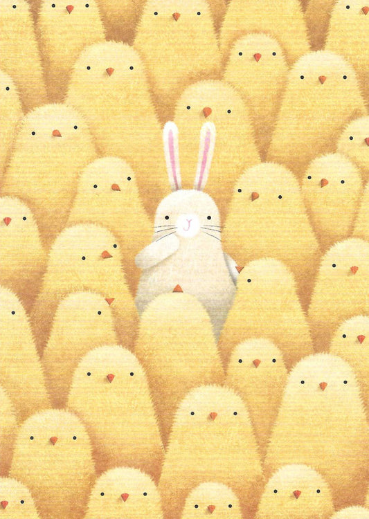 Bunny and Chicks Postcard featuring a white rabbit surrounded by yellow chicks
