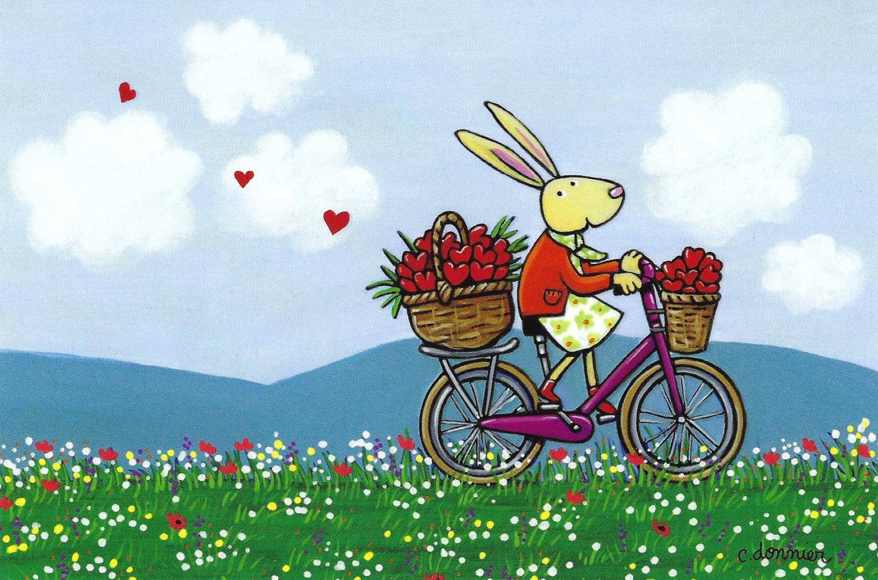 Bunny on a Bicycle Postcard by Christine Donnier - Editions Titi Pinson featuring a rabbit riding a bicycle with baskets of hearts in a flower field