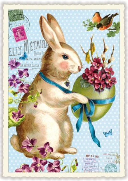 Vintage-style Bunny with Flowers Easter Postcard by Edition Tausendschön featuring an illustration of a rabbit holding an Easter egg with flowers and birds on a decorative background.