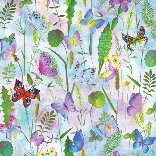 Butterflies Postcard by Edition Gollong with glitter details featuring  butterflies and flowers on a light blue background