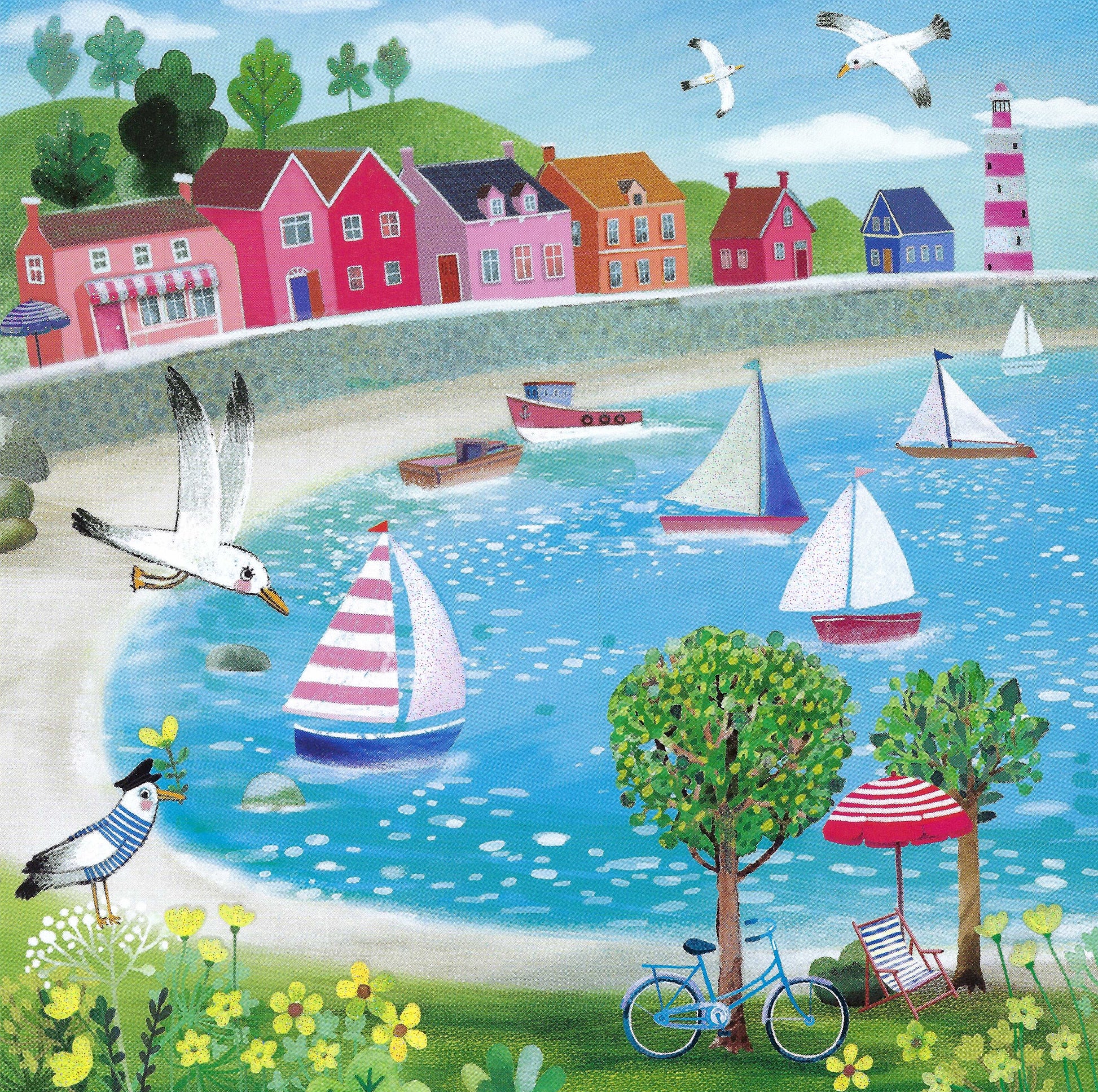 Mila Marquis - Edition Gollong postcard featuring an illustration of a coastal scene with houses, boats, a lighthouse and seagulls.