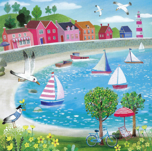 Mila Marquis - Edition Gollong postcard featuring an illustration of a coastal scene with houses, boats, a lighthouse and seagulls.