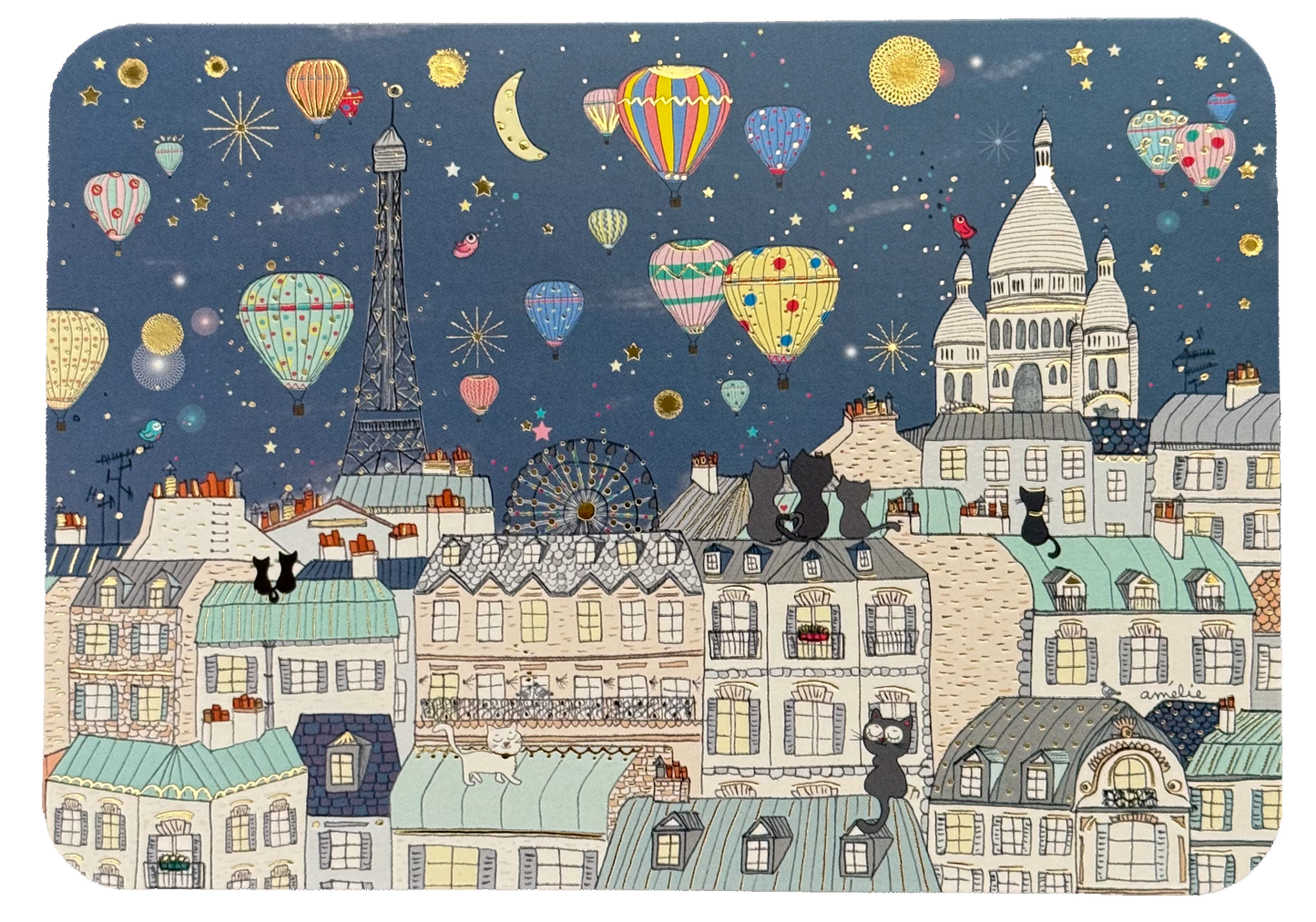Cartes d'Art postcard featuring an illustration of a Paris cityscape at night with hot air balloons and cats on rooftops.