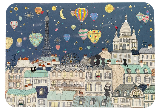 Cartes d'Art postcard featuring an illustration of a Paris cityscape at night with hot air balloons and cats on rooftops.