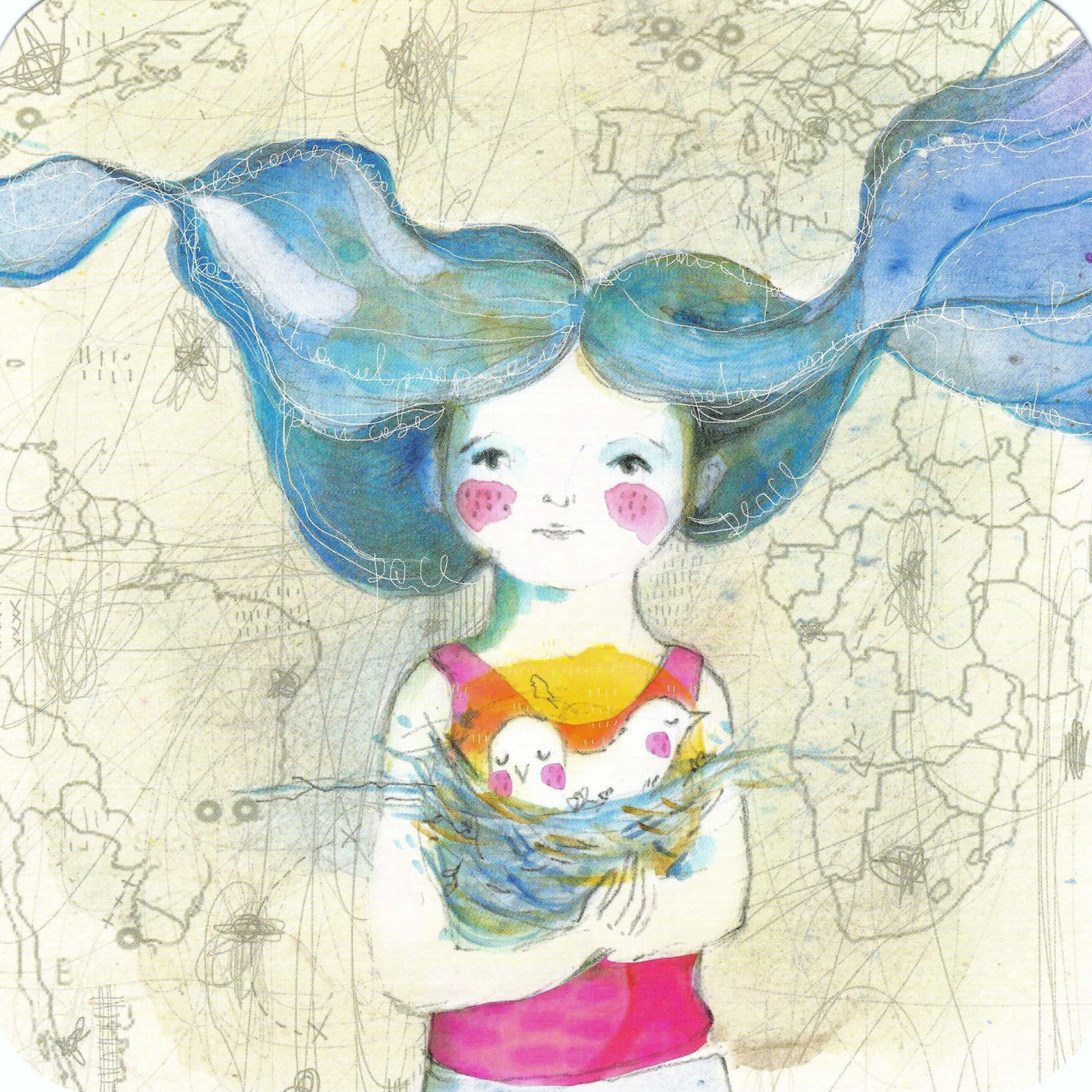 CODE CINQ - Peace - Girl - Chicks - Birds - Postcard