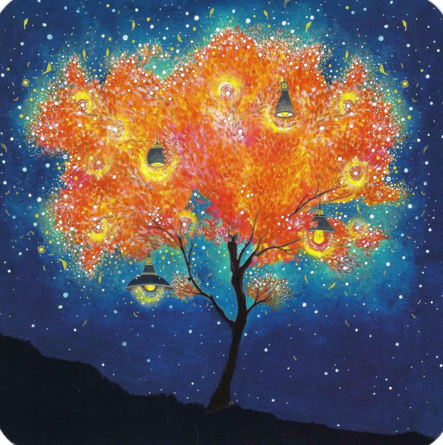 A colorful postcard featuring a tree with orange foliage and lights, set against a starry night sky.