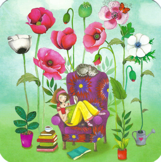 CODE CINQ - Words Bloom - Girl Reading - Book - Cat - Flowers -Postcard
