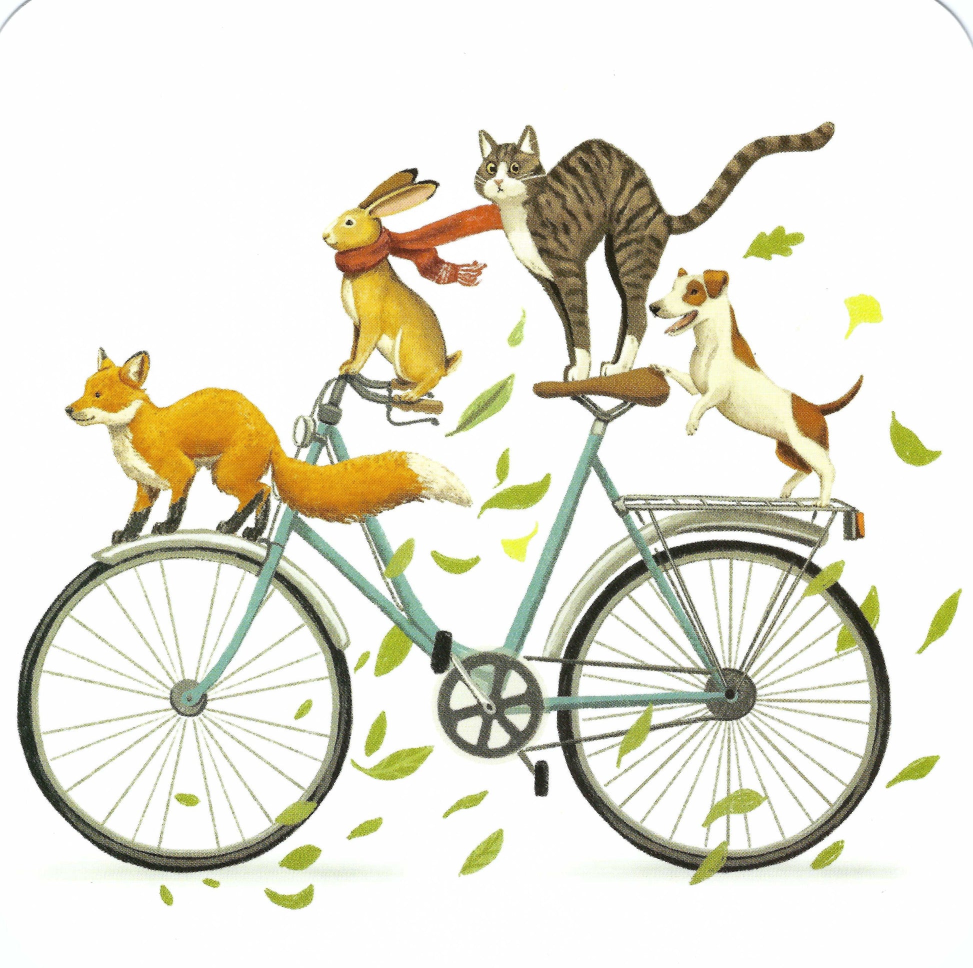 Postcard with a fox, rabbit, cat, and dog riding a bicycle, with leaves scattered around, on a square postcard.