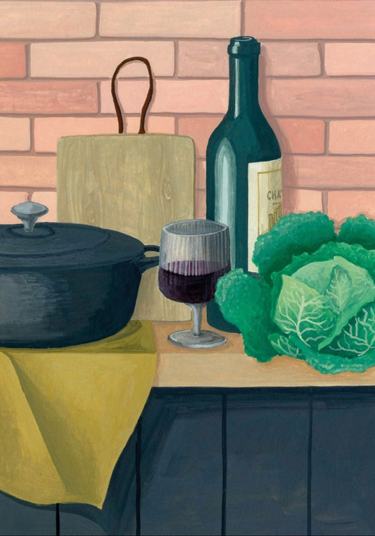 Cabbage Postcard by Melanie Voituriez featuring a pot, wine glass, bottle, and cabbage on a table against a brick wall.