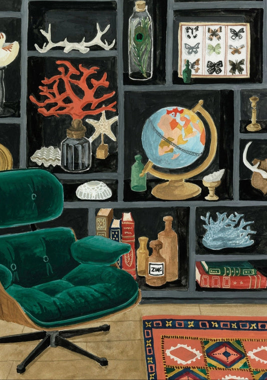 Cabinet of Curiosities Postcard by Melanie Voituriez featuring a green armchair in front of a decorative wall with shelves displaying various items.