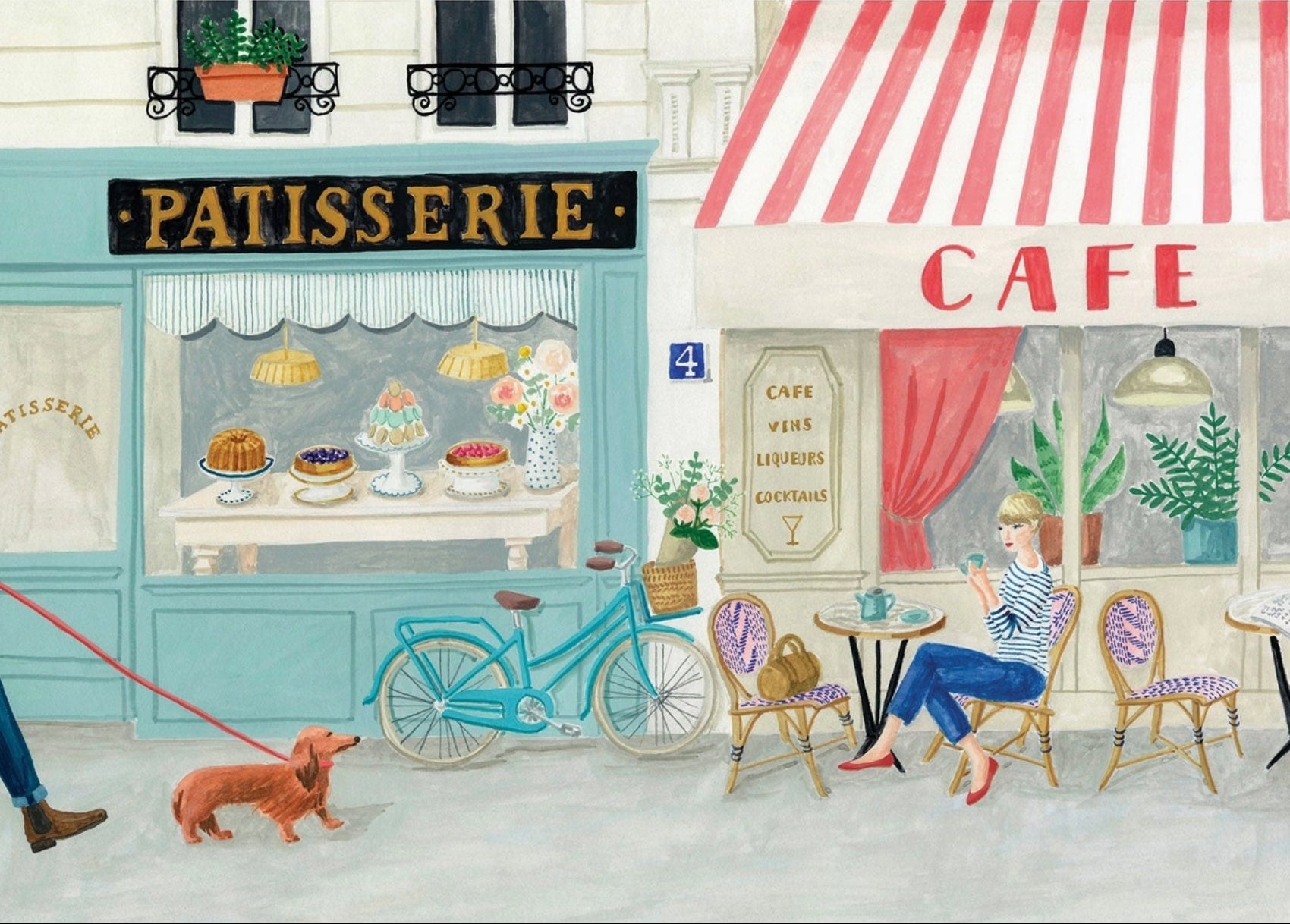 Café Français Postcard by Mélanie Voituriez featurint an illustration of a charming street scene with a patisserie and cafe, a woman, bicycle, and dog.
