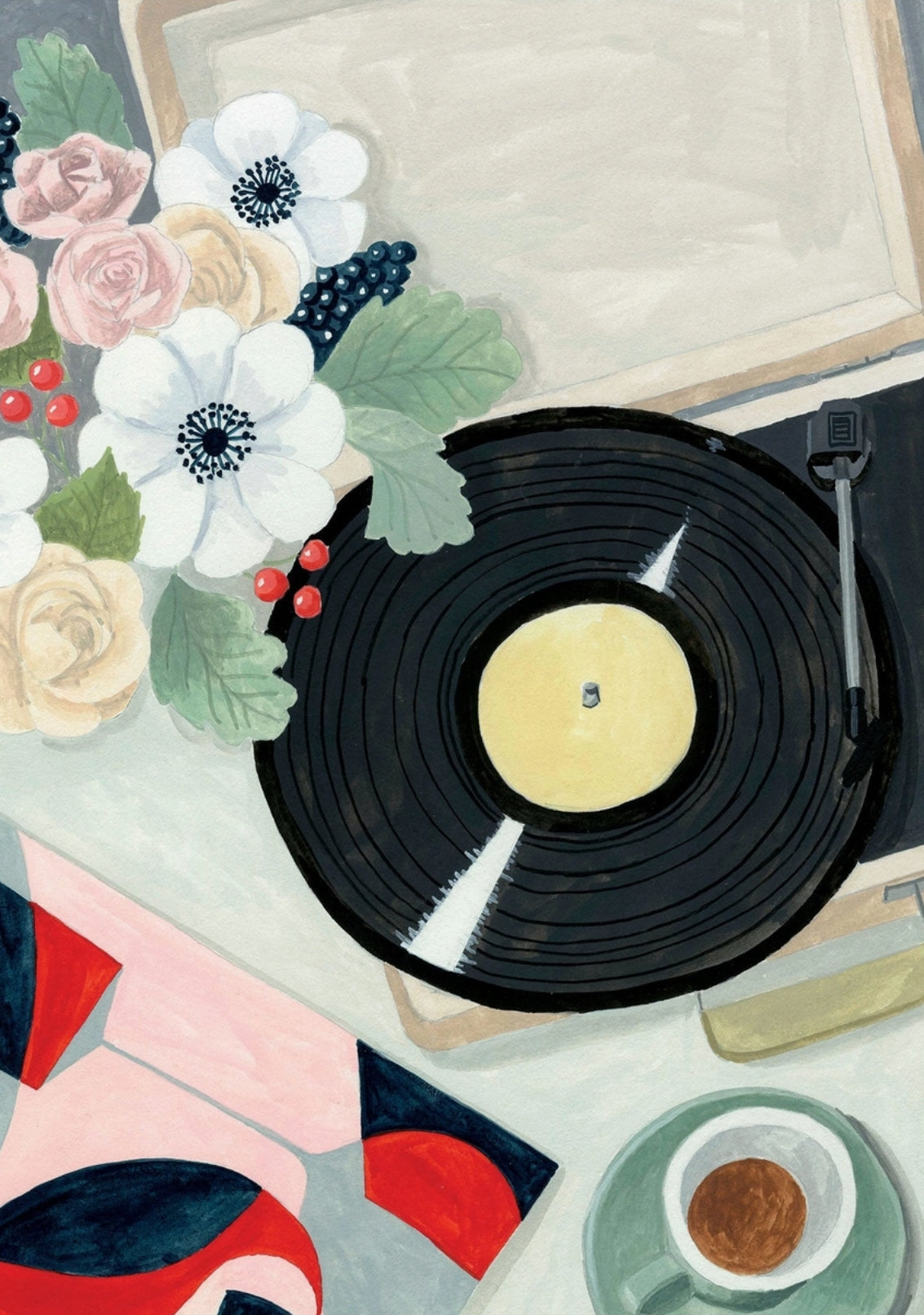 Mélanie Voituriez postcard featuring an illustration of a record player with a vinyl record, flowers, and a cup of coffee.