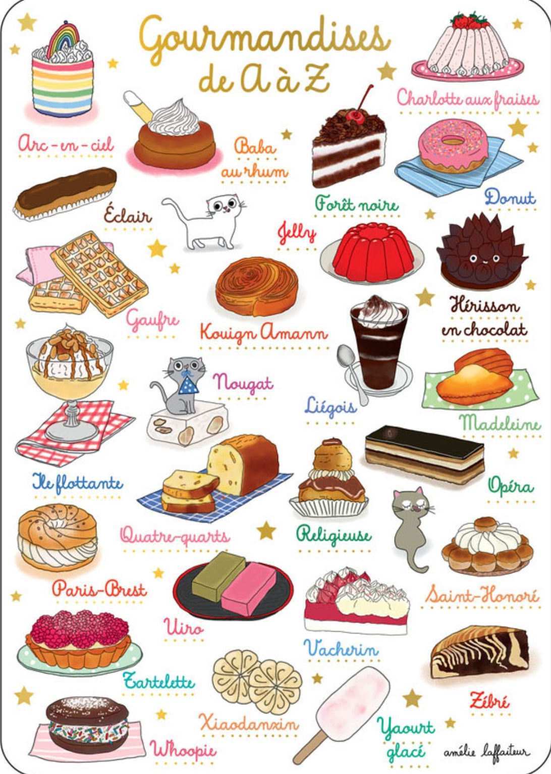 Cartes d'Art postcard featuring illustrations of various desserts with their names from A to Z.