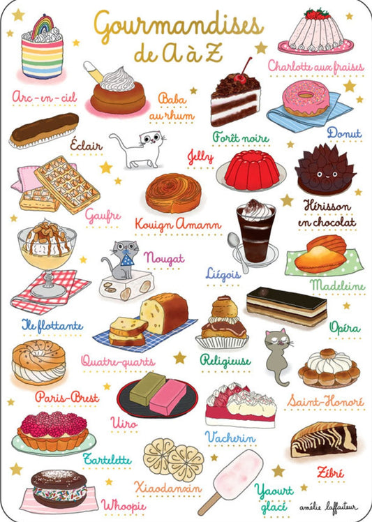 Cartes d'Art postcard featuring illustrations of various desserts with their names from A to Z.