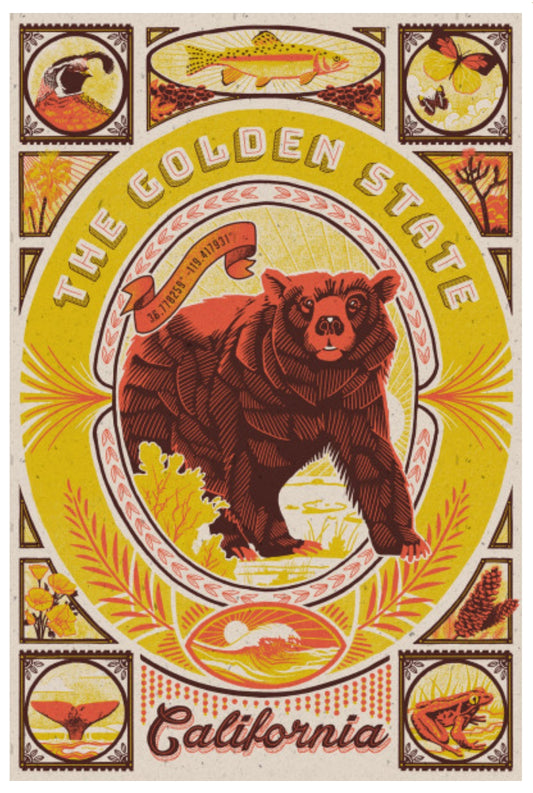 California - The Golden State Postcard by Lantern Press featuring a large brown bear in the center, surrounded by the text 'THE GOLDEN STATE' and 'California,' with decorative illustrations of fish, birds, and autumn motifs in yellow, orange, red, and brown tones.