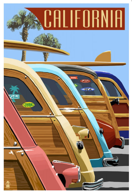 Vintage-style California Lantern Press Postcard featuring an illustration of wooden cars with surfboards