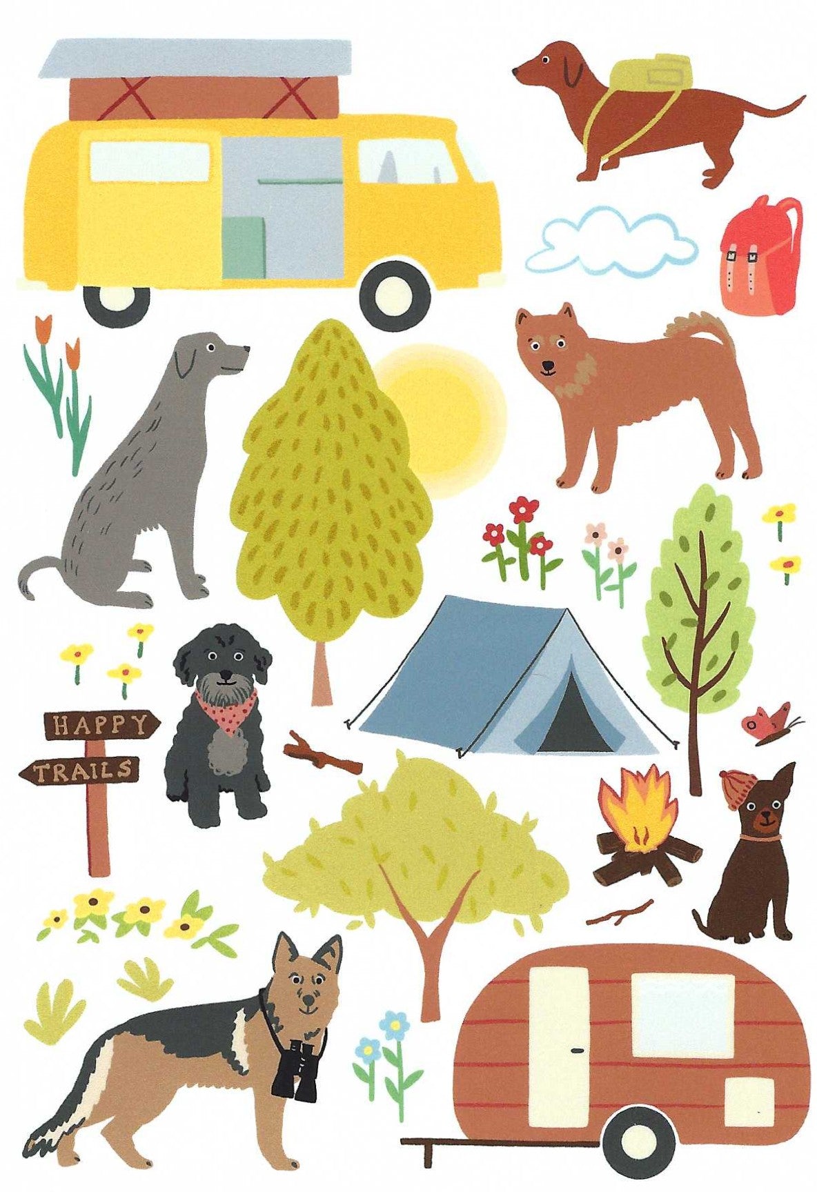 Camping Dogs Postcard by Das Brooklyn featuring illustrations of dogs and camping scenes 