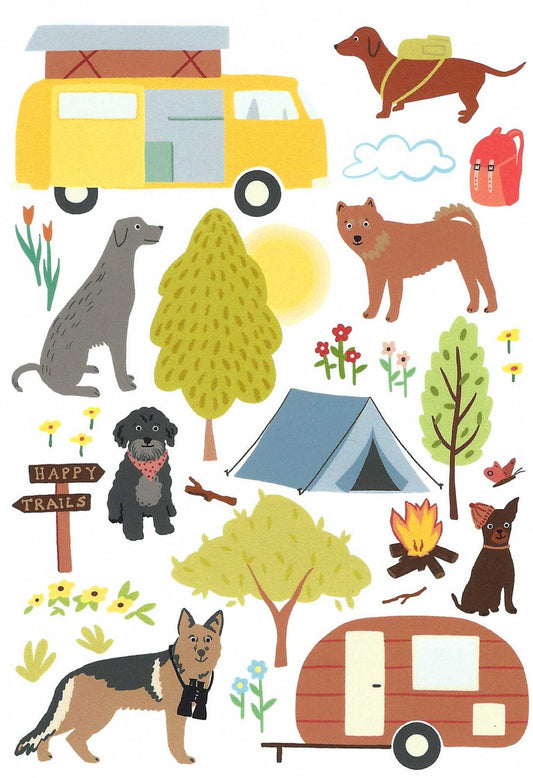 Camping Dogs Postcard by Das Brooklyn featuring illustrations of dogs and camping scenes 