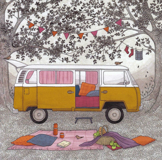 Campsite Comforts Postcard by Myriam Nion - Editions Titi Pinson featuring an illustration of a yellow camper van under a tree with picnic setup
